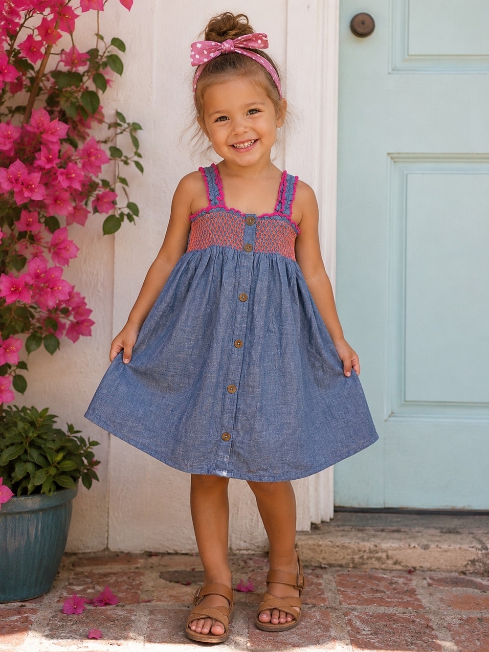 Cat & Jack Pink Crochet-Trim Chambray Button-Front Dress